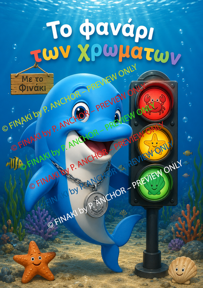 A colorful underwater scene with a cartoon blue dolphin wearing a chain necklace and standing next to a traffic light. The dolphin has a silver medallion around its neck.