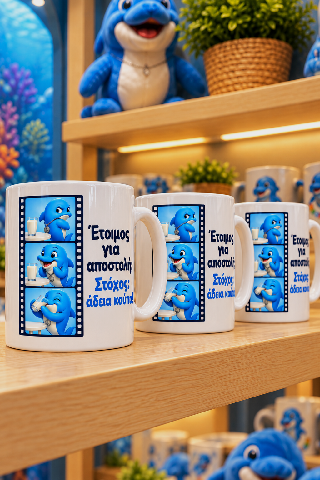 White ceramic mugs printed with a blue cartoon shark and Greek text, displayed on wooden shelves in a store setting with plush toys and plants in the background.