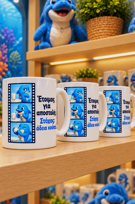 White ceramic mugs printed with a blue cartoon shark and Greek text, displayed on wooden shelves in a store setting with plush toys and plants in the background.