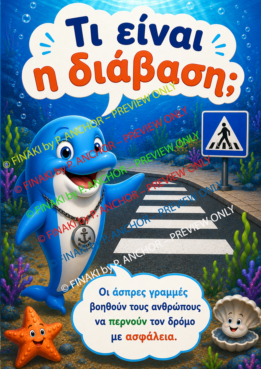 Greek children's book cover titled 'Τι είναι η διάβασή;' featuring a blue cartoon dolphin, an underwater scene with a crosswalk, a starfish, a clam, and colorful text bubbles.