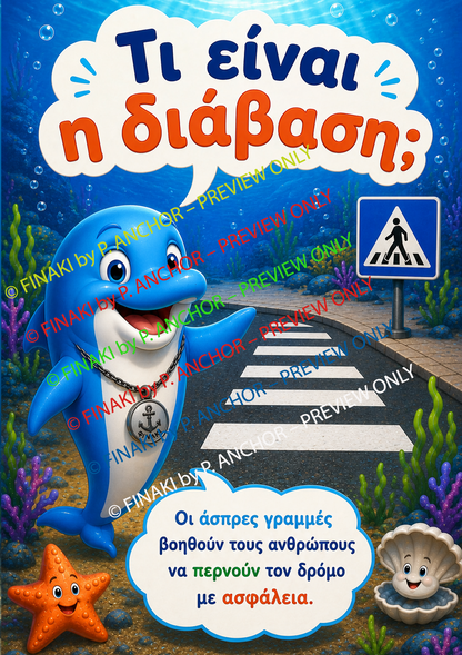 Greek children's book cover titled 'Τι είναι η διάβασή;' featuring a blue cartoon dolphin, an underwater scene with a crosswalk, a starfish, a clam, and colorful text bubbles.