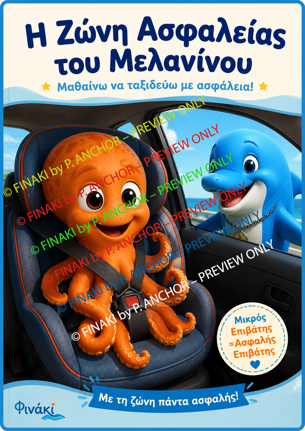 Greek children's book cover titled 'I ZONI ASFALIAS TOU MELANINOU' featuring cartoon characters an orange octopus and a blue shark in a car seat and vehicle interior, with the brand name FINAKI and publisher FINAKI visible.