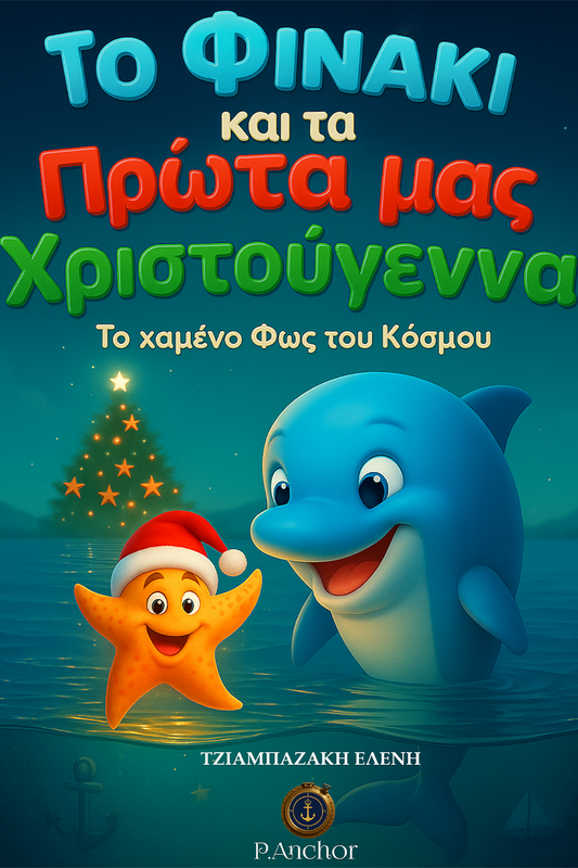 «Εξώφυλλο παραμυθιού Το Φινάκι και τα Πρώτα μας Χριστούγεννα με το Φινάκι και το αστέρι μέσα στη θάλασσα του Αιγαίου»
