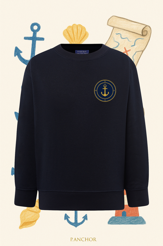 Navy P.ANCHOR kids sweatshirt with gold anchor and compass chest emblem