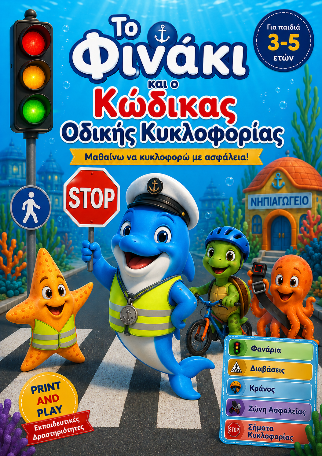 Colorful children's book cover in Greek titled "FINAKI AND THE ROAD CODE" featuring a blue shark in a police hat at a crosswalk with a traffic light, stop sign, starfish, turtle, octopus, and a small schoolhouse on an underwater scene.