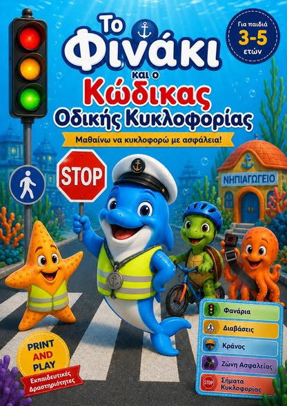 Colorful children's book cover in Greek titled "FINAKI AND THE ROAD CODE" featuring a blue shark in a police hat at a crosswalk with a traffic light, stop sign, starfish, turtle, octopus, and a small schoolhouse on an underwater scene.