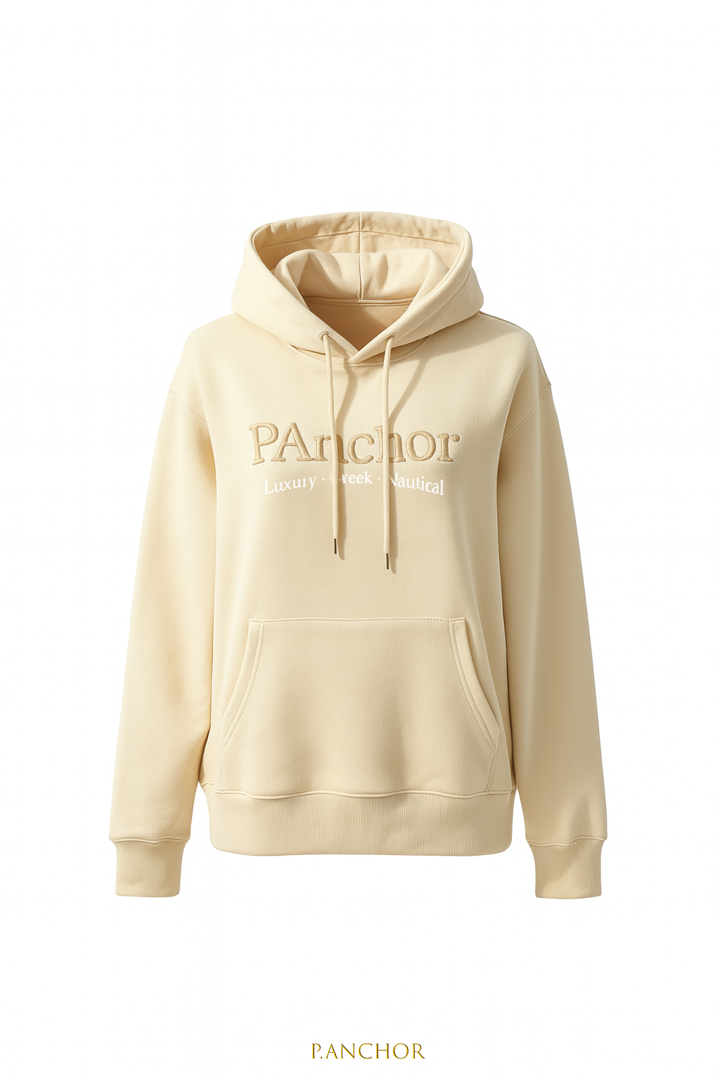 Beige luxury hoodie with embroidered P.ANCHOR logo – unisex nautical sweatshirt