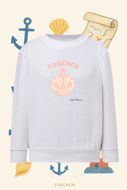 White P.ANCHOR kids sweatshirt with pastel pink seashell and anchor design