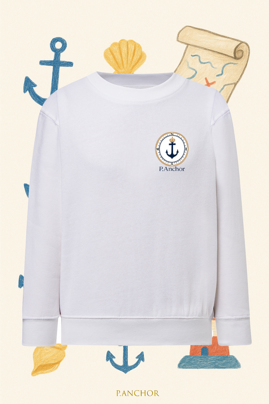 White P.ANCHOR kids sweatshirt with navy and gold anchor compass chest emblem