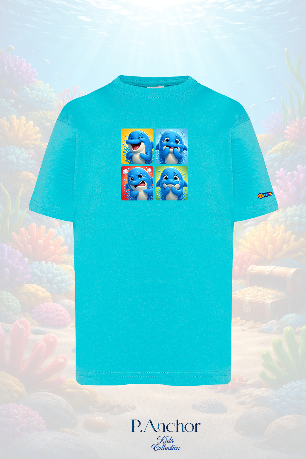 Blue t-shirt with cartoon dolphins on a colorful coral background