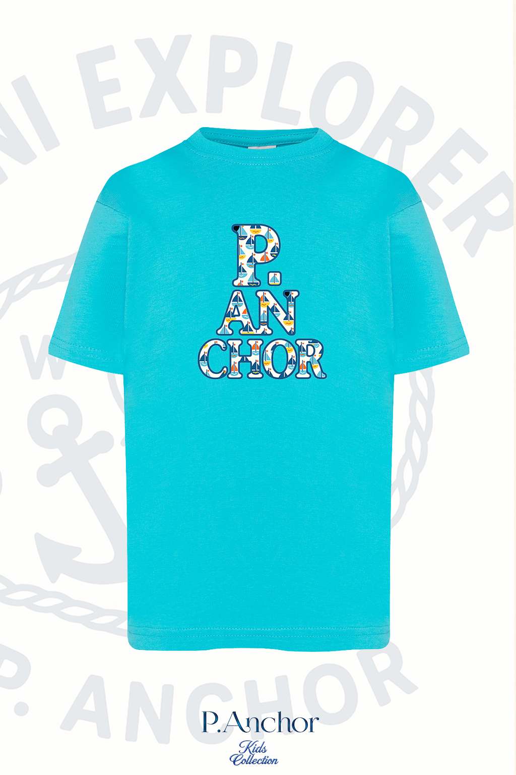 Turquoise t-shirt with 'P. Anchor' logo on a white background