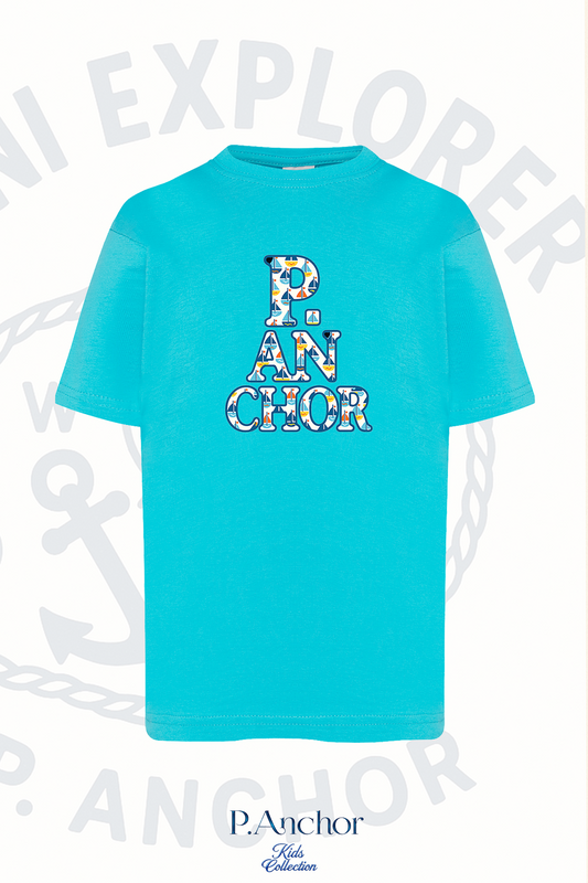 Turquoise t-shirt with 'P. Anchor' logo on a white background