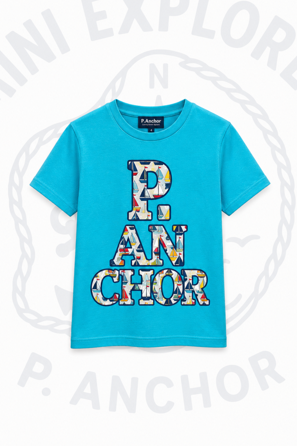 Blue t-shirt with colorful 'P ANCHOR' text on a white background