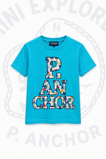 Blue t-shirt with colorful 'P ANCHOR' text on a white background