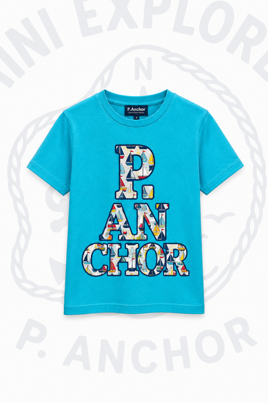 Blue t-shirt with colorful 'P ANCHOR' text on a white background