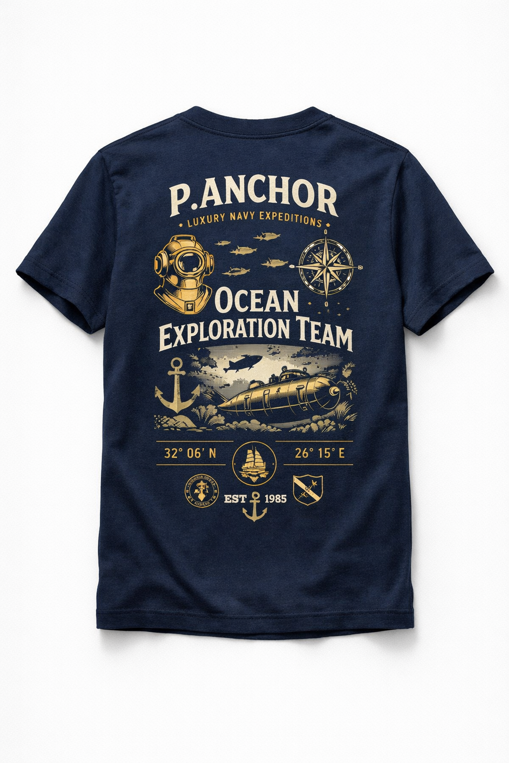 Navy blue t-shirt with ocean exploration graphic and text on a white background