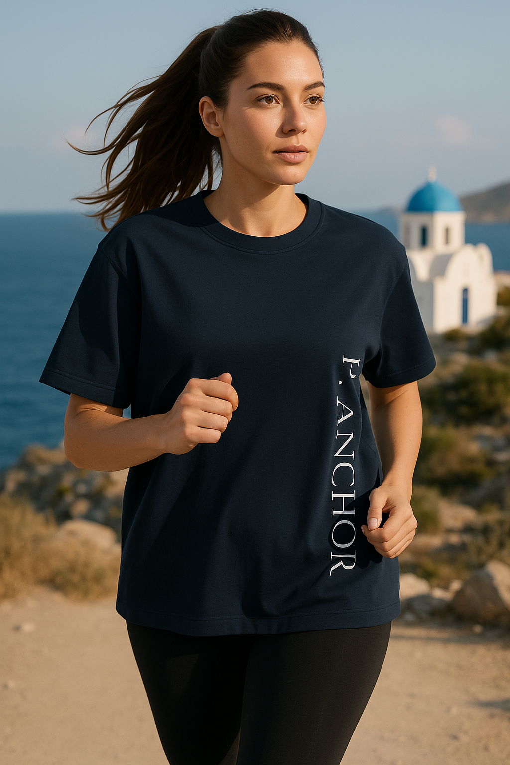 Athletic woman jogging by the Greek seaside, wearing an oversized navy blue P. ANCHOR T-shirt with vertical logo and black leggings, with whitewashed buildings and blue domes in the background.