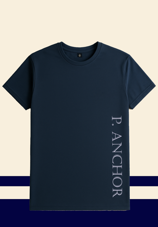 Unisex navy blue t-shirt with vertical white "P. ANCHOR" logo on the front lower right side.