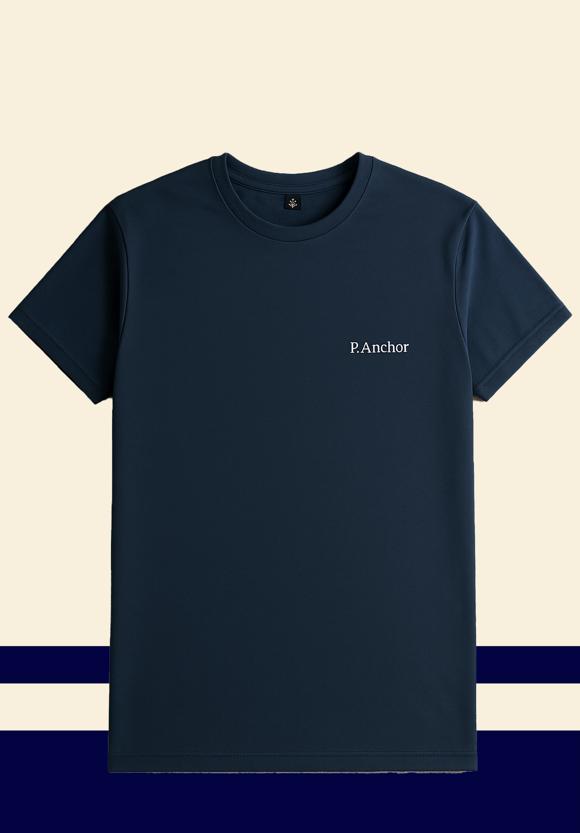 Navy blue unisex t-shirt with P.Anchor logo, flat lay