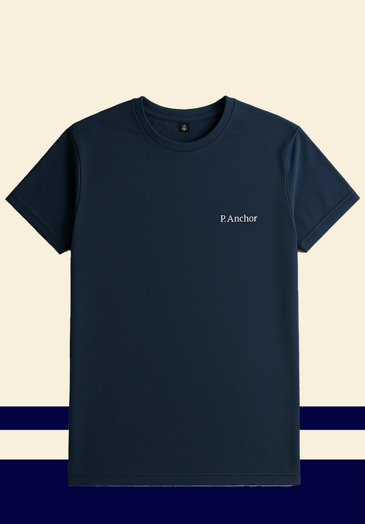 Navy blue unisex t-shirt with P.Anchor logo, flat lay