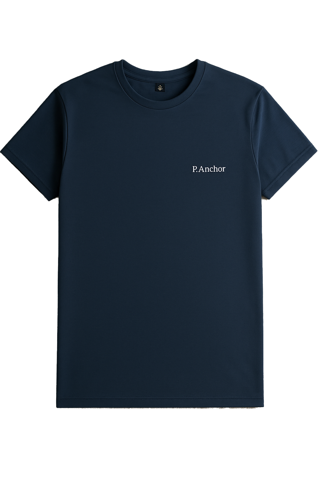 Navy blue unisex t-shirt with P.Anchor logo, flat lay