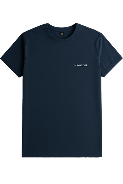 Navy blue unisex t-shirt with P.Anchor logo, flat lay