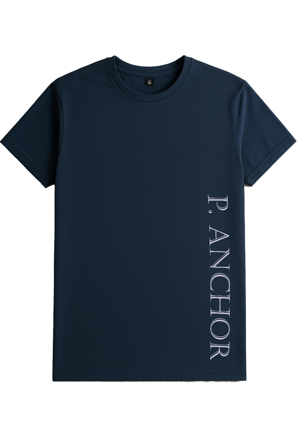 Unisex navy blue performance t-shirt with vertical P. ANCHOR logo – moisture-wicking athletic tee for training, running, and activewear