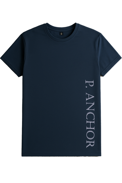 Unisex navy blue performance t-shirt with vertical P. ANCHOR logo – moisture-wicking athletic tee for training, running, and activewear