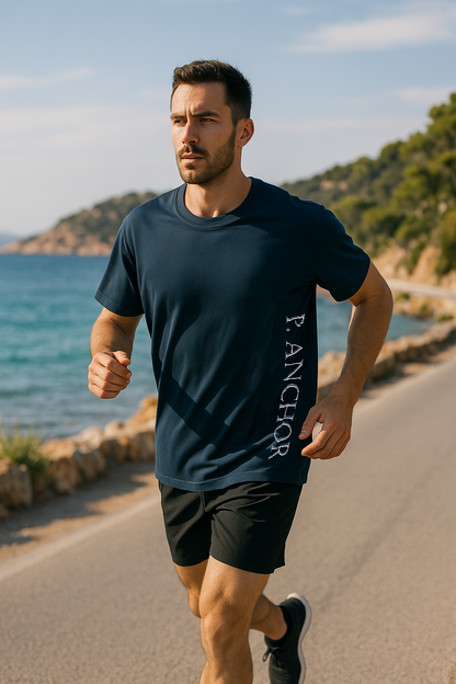 Man running by the sea wearing a navy blue unisex athletic t-shirt with “P. ANCHOR” printed vertically on the side, paired with black shorts.