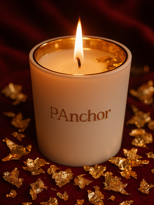 Candle with 'PAnchor' branding on a dark background with gold leaves