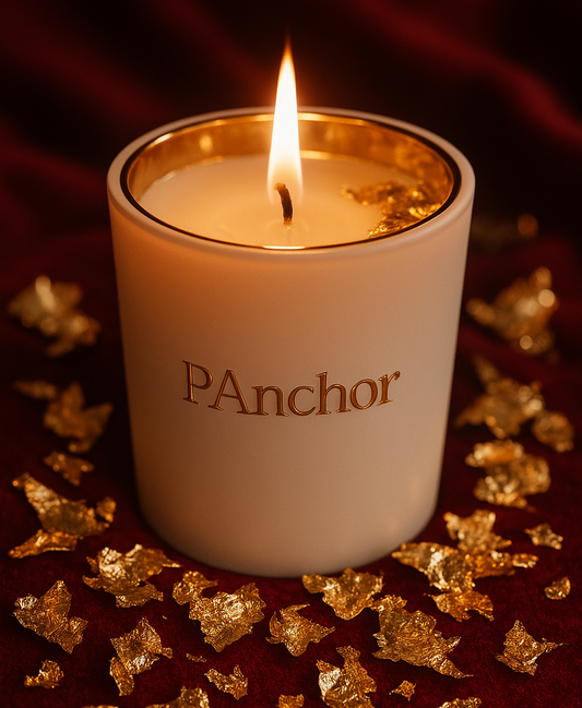 Lit luxury vanilla candle by P.Anchor in white and gold jar, surrounded by gold leaf on burgundy fabric

