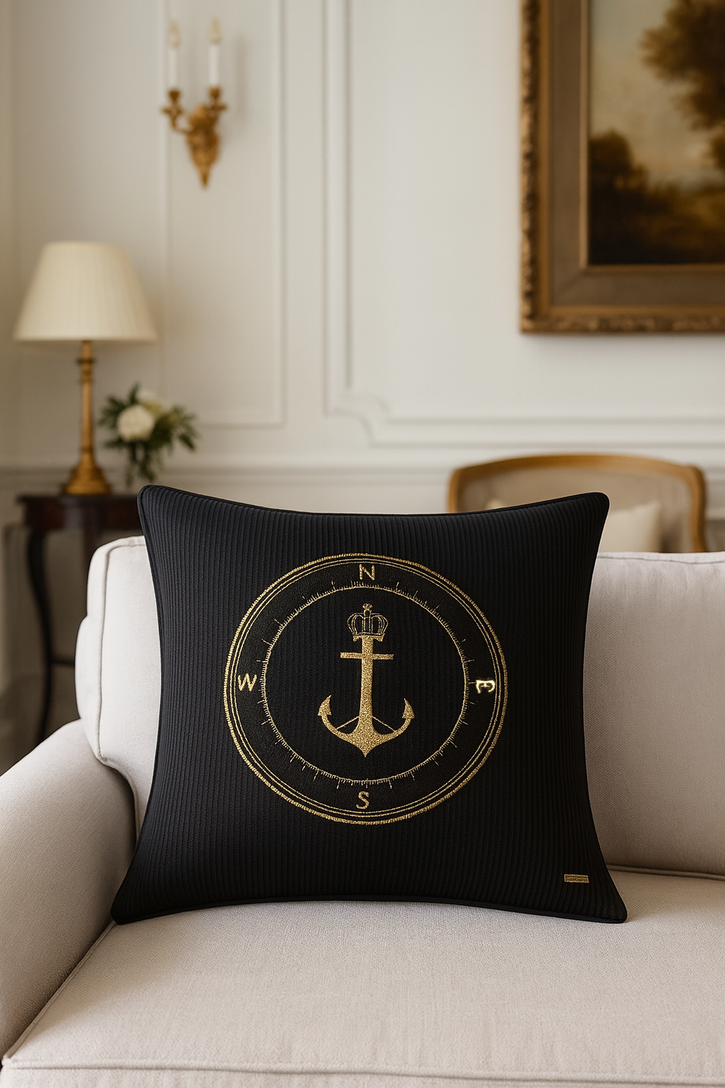 Luxury black velvet decorative pillow with gold embroidered anchor and compass design, nautical style sofa cushion for elegant living room home decor