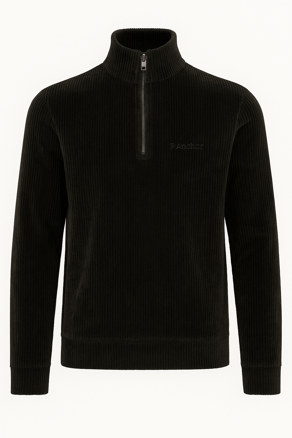 Black half-zip sweater on a white background