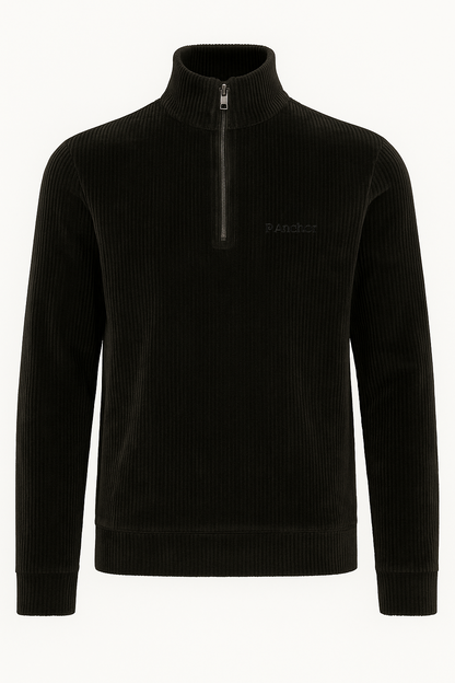 Black half-zip sweater on a white background