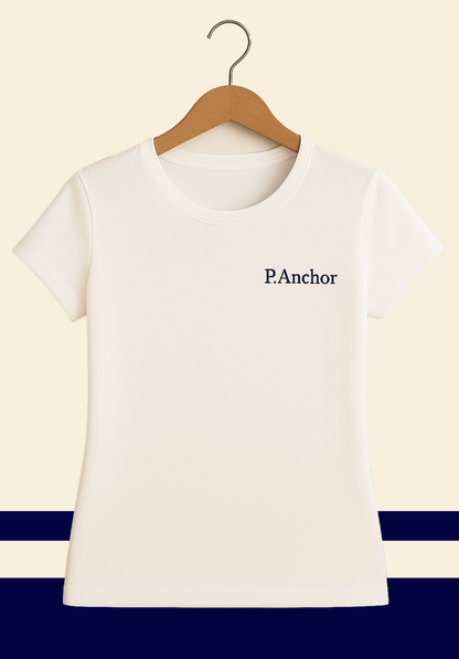 Women's white short-sleeve t-shirt P.Anchor with minimalist nautical style
Γυναικείο λευκό κοντομάνικο μπλουζάκι P.Anchor με minimal ναυτικό στυλ
