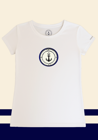 White women's t-shirt with central anchor and compass emblem in navy blue tones