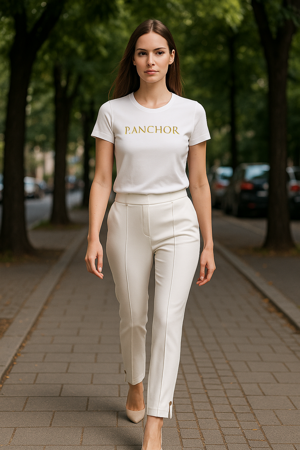 Elegant and minimal outfit for a modern streetwear look. White t-shirt with gold P.Anchor logo and white tailored trousers – minimalist street style.