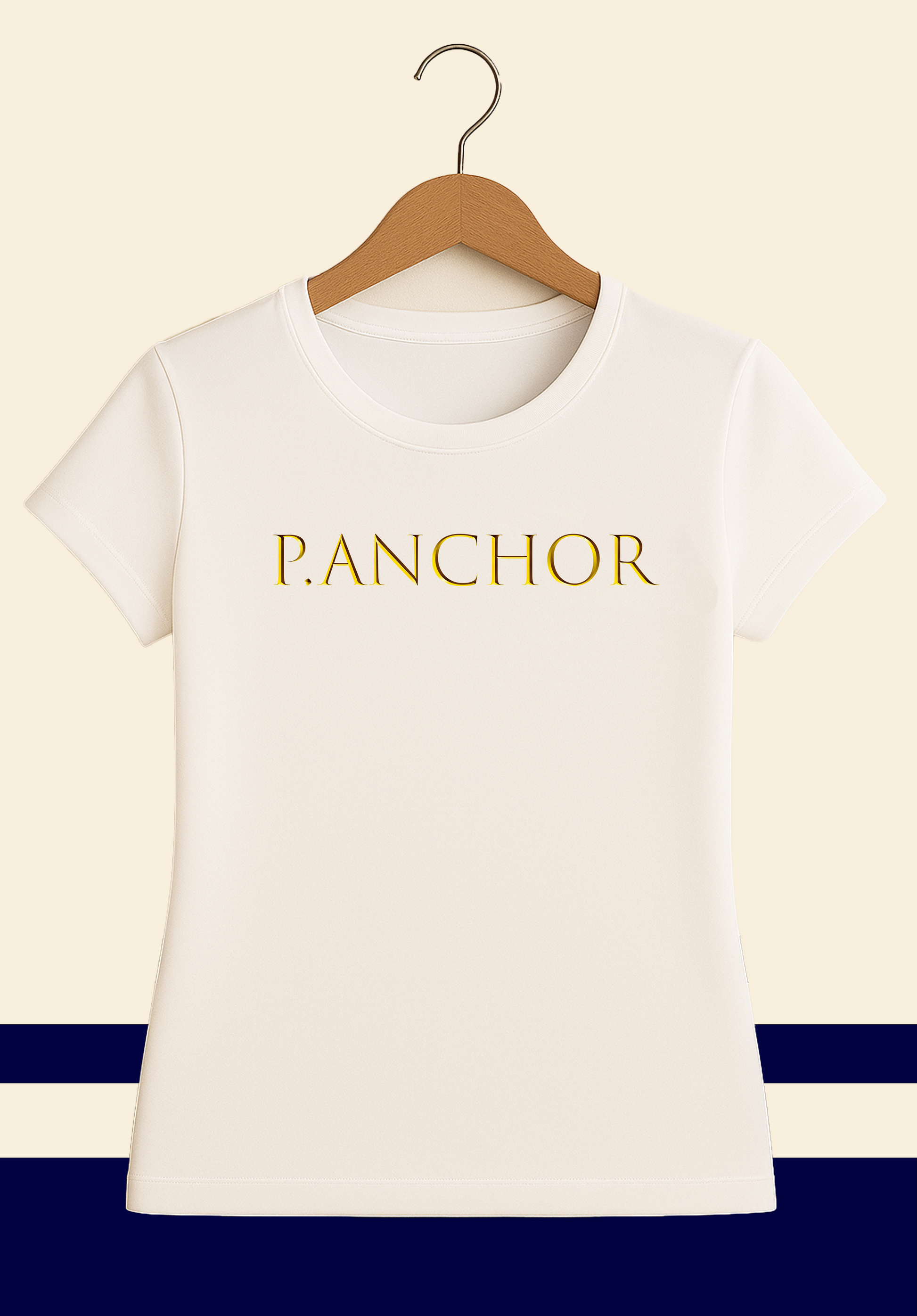 White women's t-shirt with elegant gold "P.ANCHOR" logo print on front, hanging on wooden hanger.