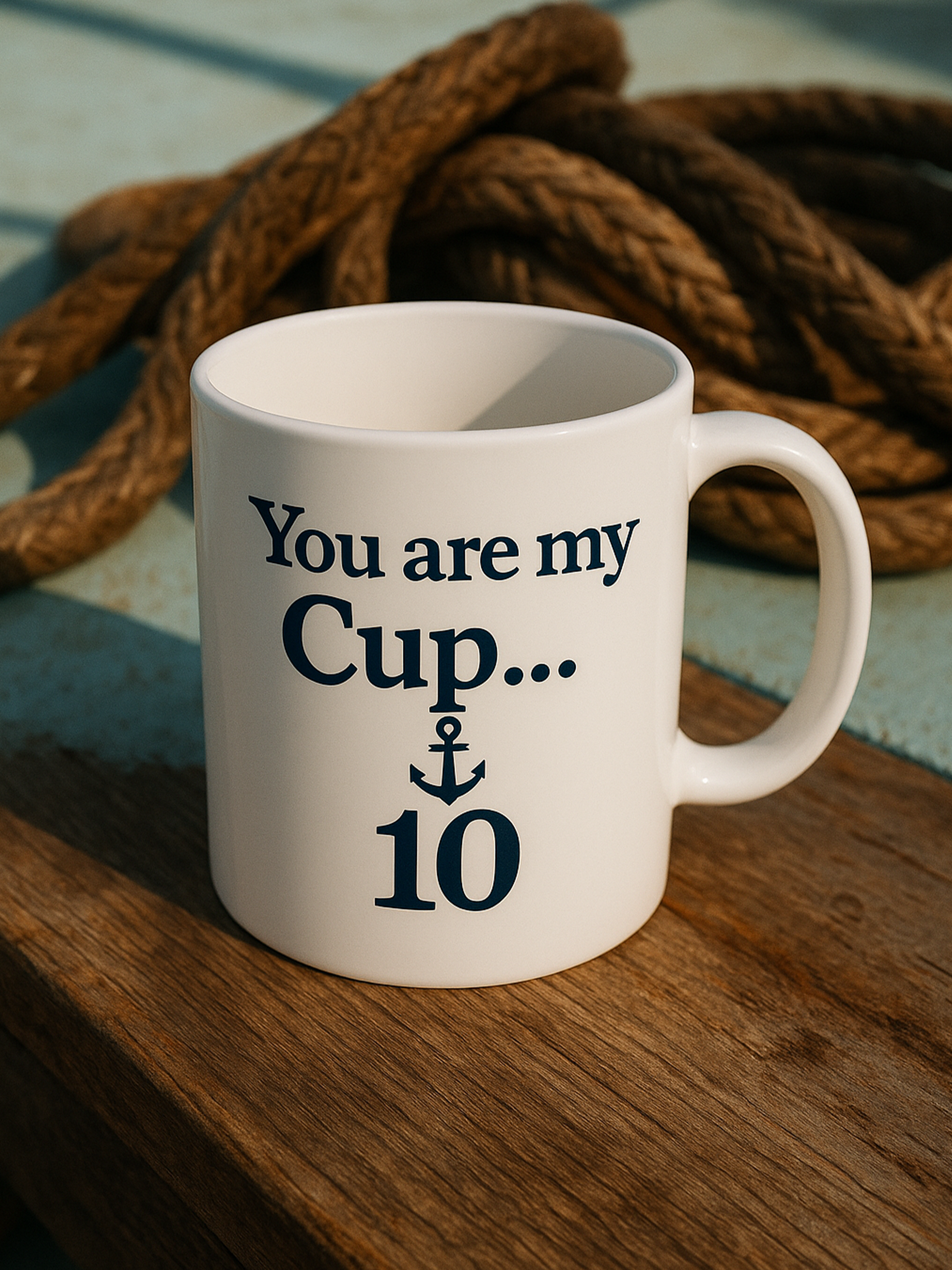 White mug with text 'You are my Cup... 10' on a wooden surface with rope in the background