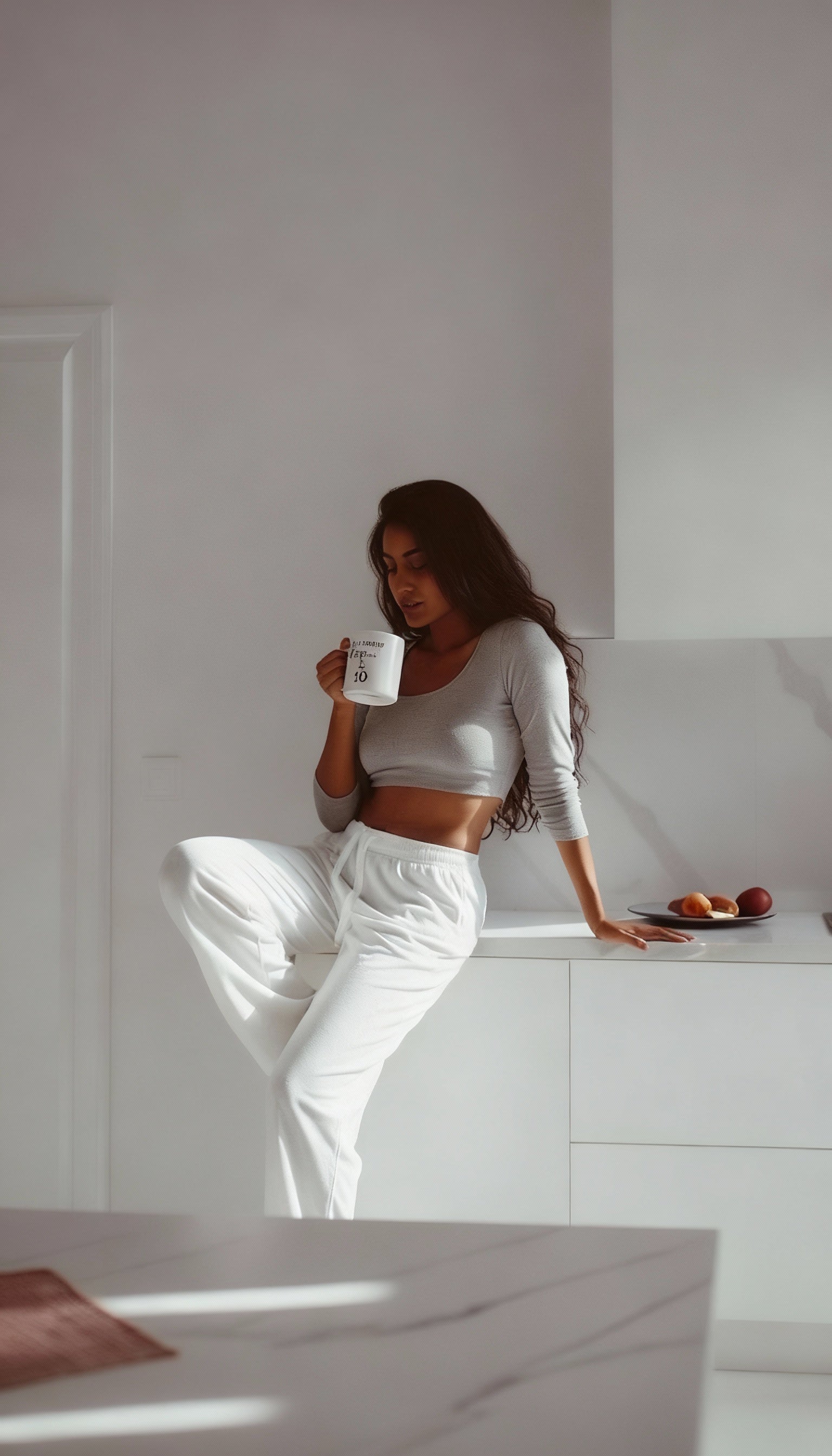 Woman sitting on a white counter holding a mug in a minimalistic kitchen.