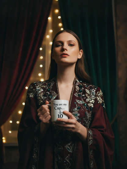 Woman holding a mug with text in a dimly lit room with string lights and curtains.