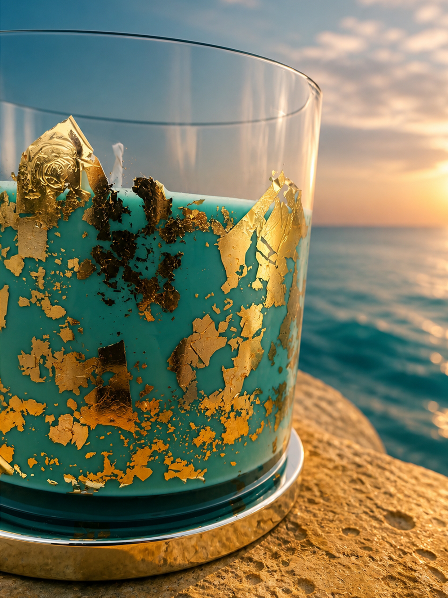 Decorative glass container with gold leaf against a sunset ocean backdrop