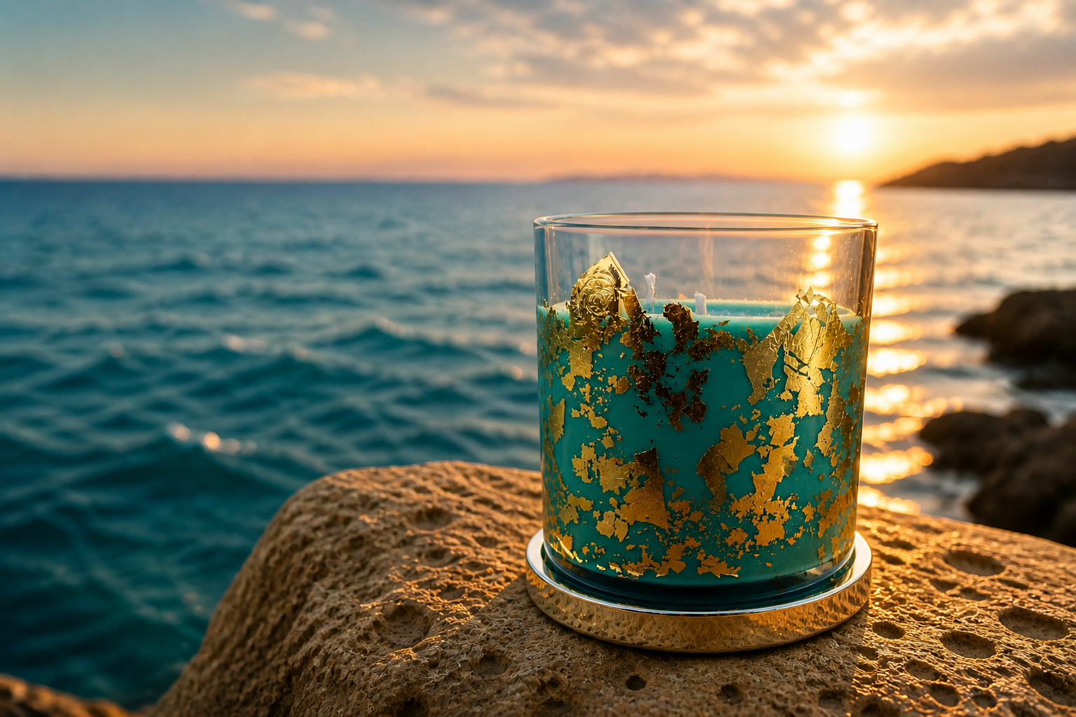 Glass with a blue and gold interior on a rock by the ocean at sunset