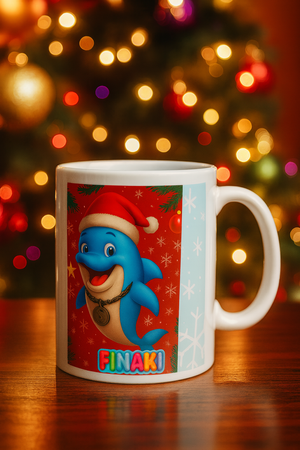 «Κεραμική χριστουγεννιάτικη κούπα με το Finaki, το γαλάζιο δελφίνι με σκούφο Άγιου Βασίλη, μπροστά σε χριστουγεννιάτικο φόντο με φωτάκια.»