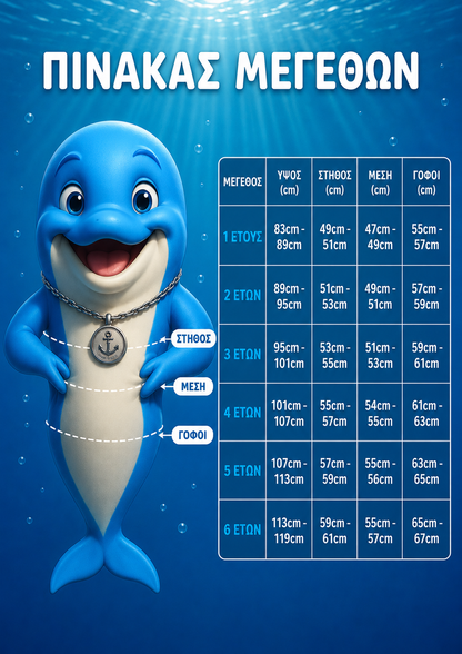 Dolphin-shaped toy with measurement chart on a blue background
