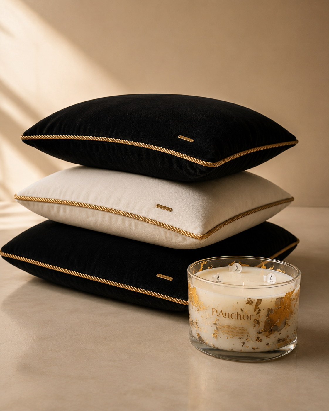 Stack of black and ivory pillows with gold trim next to a candle on a neutral background