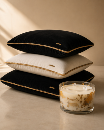 Stack of black and ivory pillows with gold trim next to a candle on a neutral background