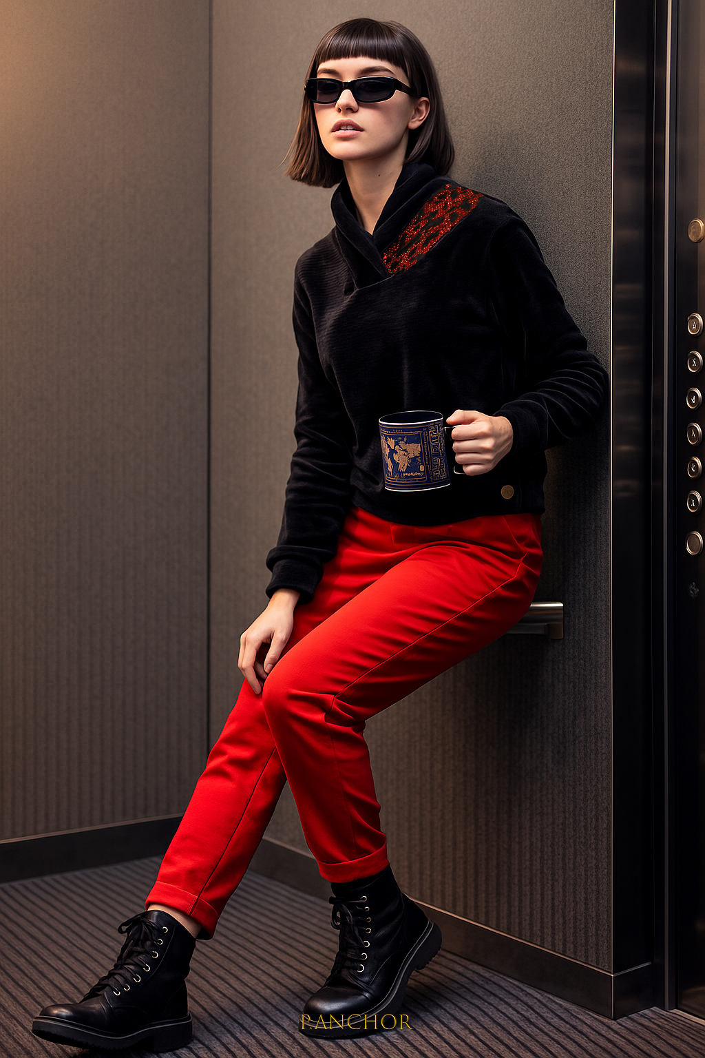 “Woman wearing a black velvet top with red rhinestones, red pants, and holding a P. ANCHOR mug while posing inside an elevator.”