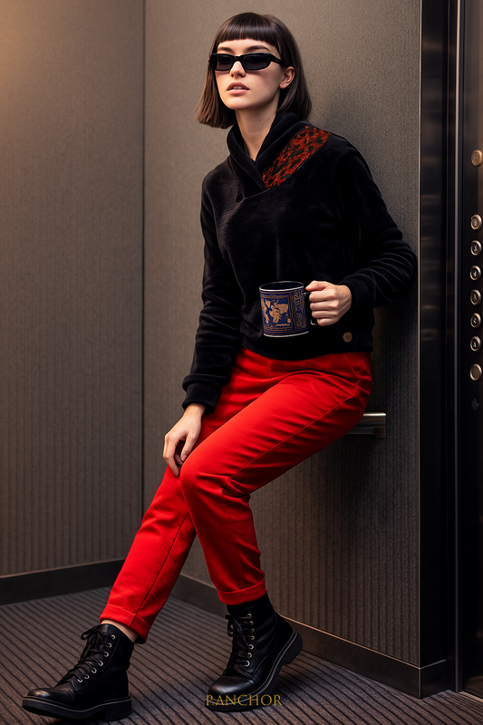 “Woman wearing a black velvet top with red rhinestones, red pants, and holding a P. ANCHOR mug while posing inside an elevator.”