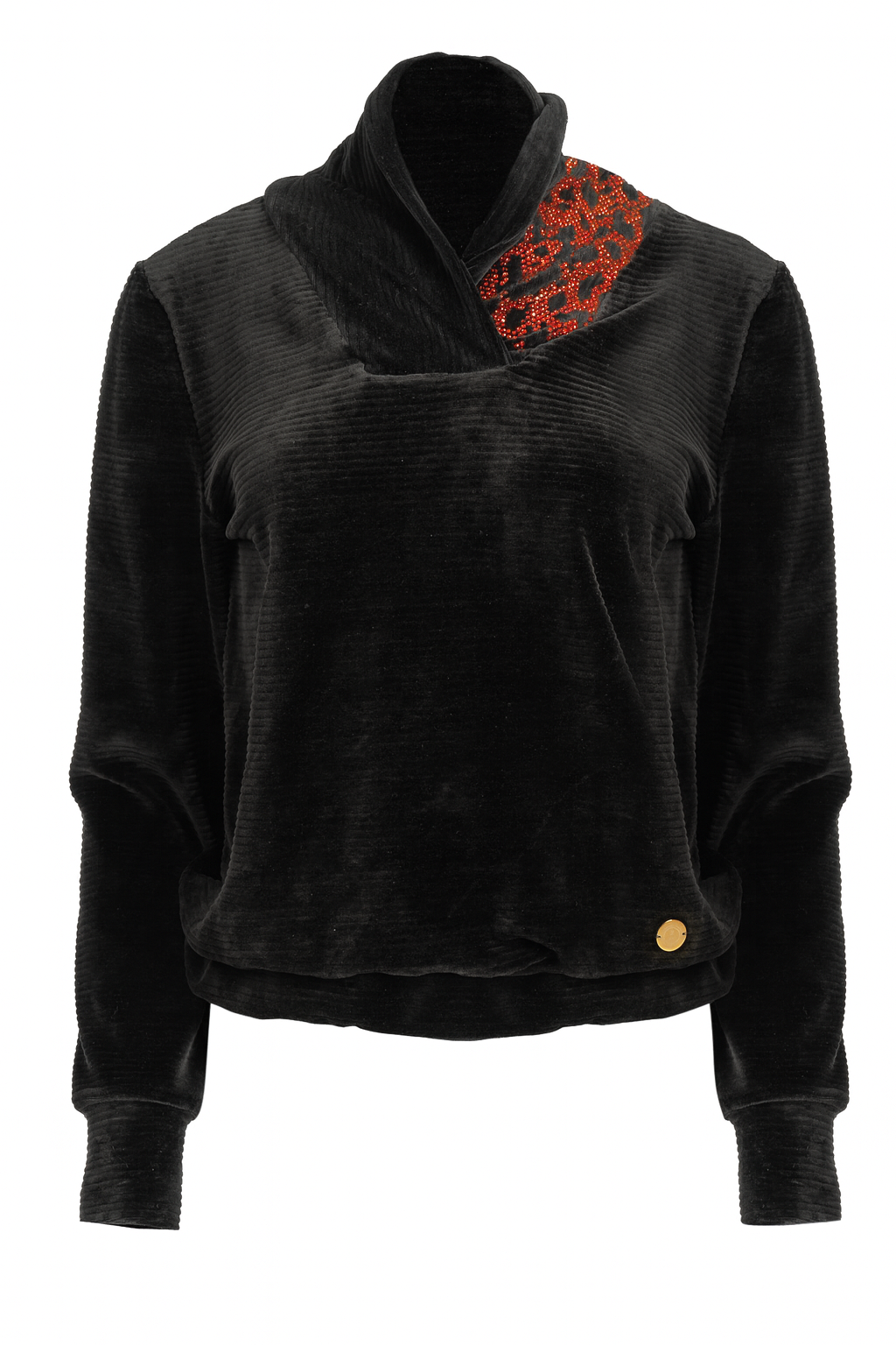 “Luxury black velvet women’s top with red rhinestone collar detail – elegant long-sleeve blouse on white background.”